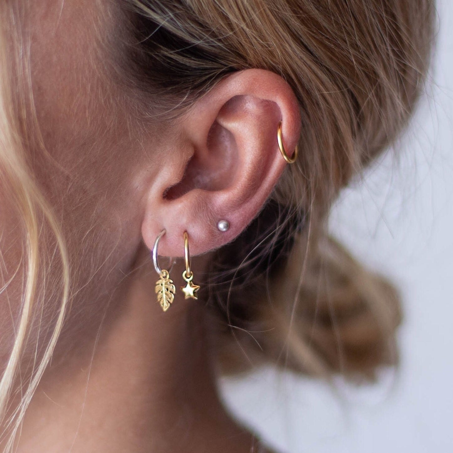 Gold plated Silver earrings - Golden ear hoops - Shiny small hoop - Bohemian jewelry - Gold crystal hoop - Star and moon ear hoops